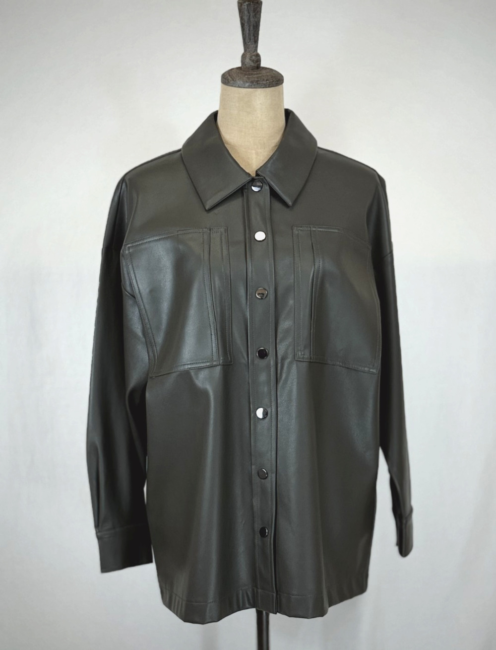 NWT Dear John Yara Dark Army Green Faux Leather Shacket / Jacket #0254 MED